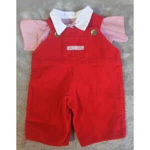 Happy Kids Red Corduroy Overalls and Pinstripe Shirt Set Vintage Style AB-126